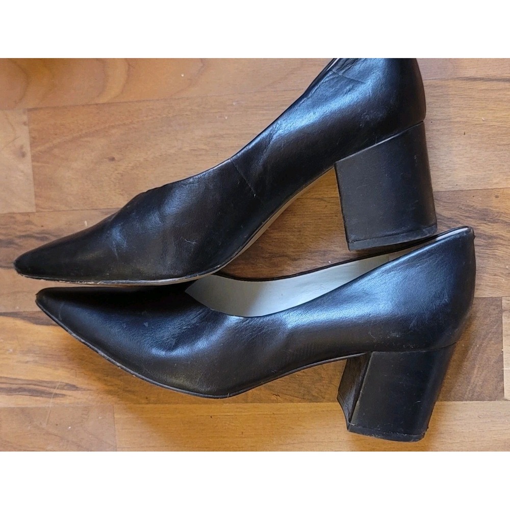 1.STATE Black Leather Block Heel Pumps 8.5 Pointed Toe Comfort Career Fall Chic